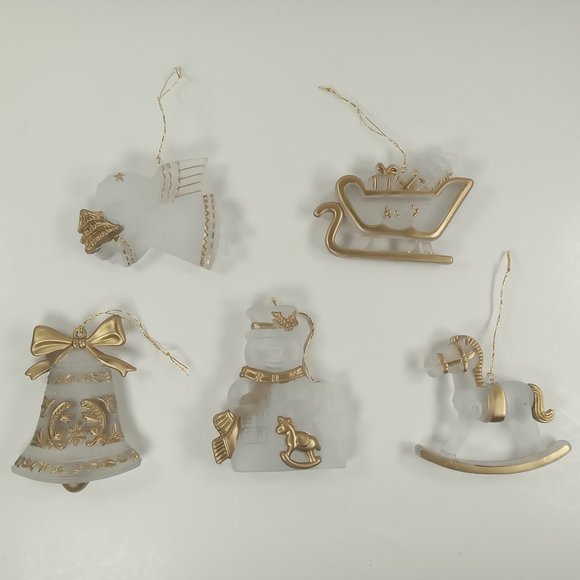 5 New Acrylic Plastic Christmas Ornaments w/ Gold Paint Accents: Sleigh, Snowman - Picture 1 of 6
